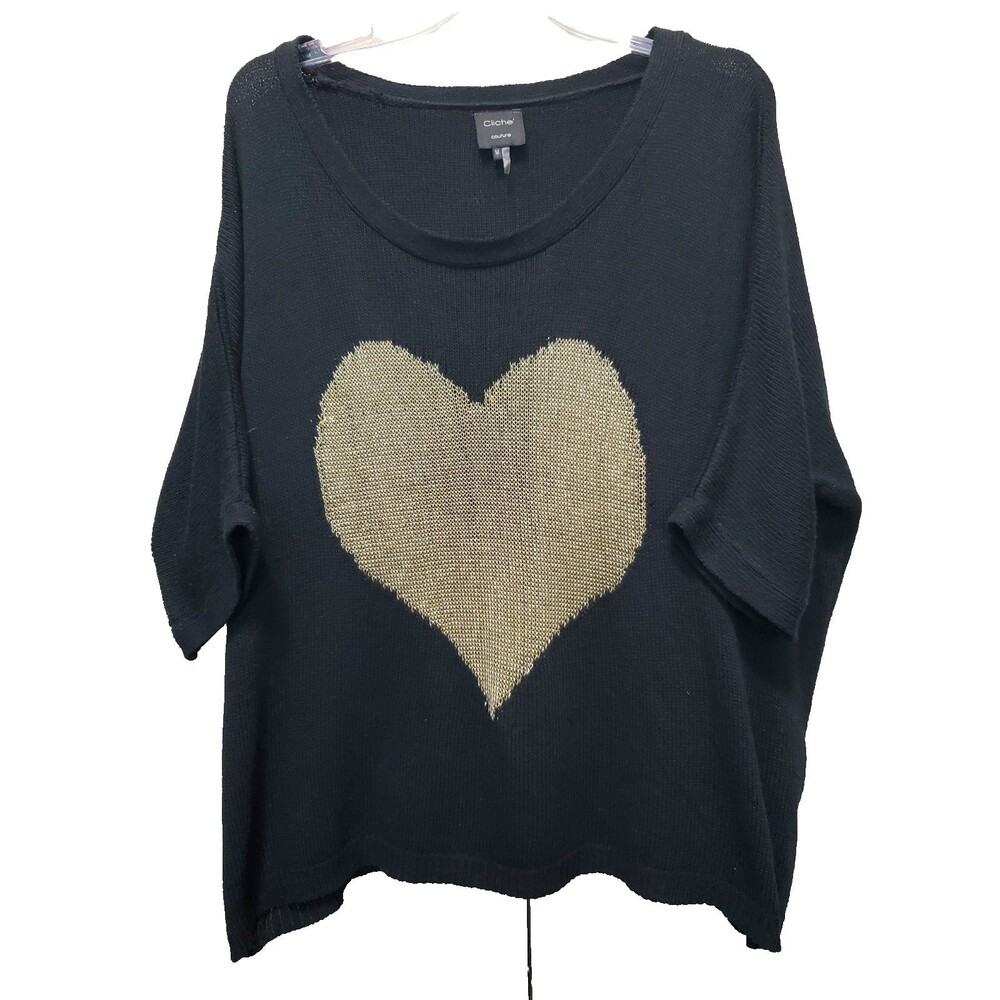 Cliche Couture Black Cotton Blend Slouchy Dolman Sleeve Heart Graphic Sweater M